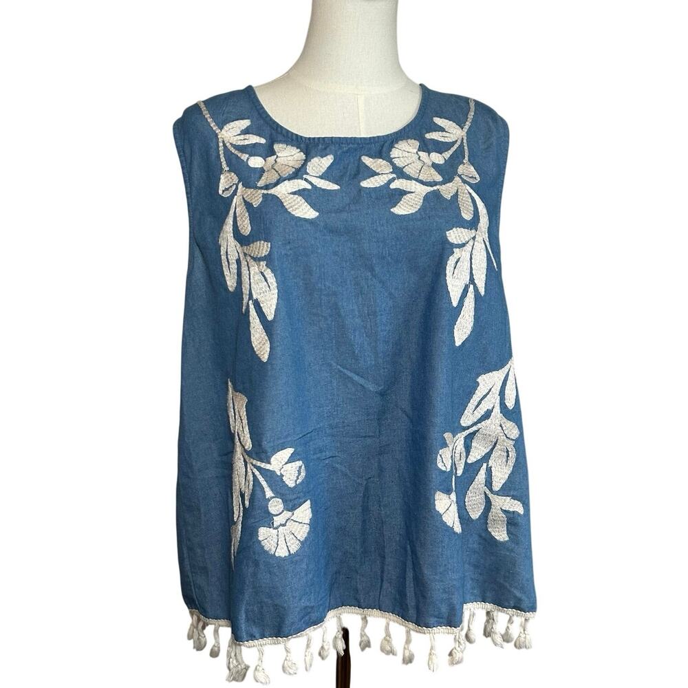 Entro Denim Embroidered Tank Top Fringe Boho Large Cottage Resort Casual Summer